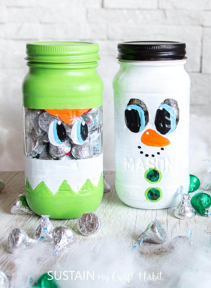 Snowman and elf mason jars