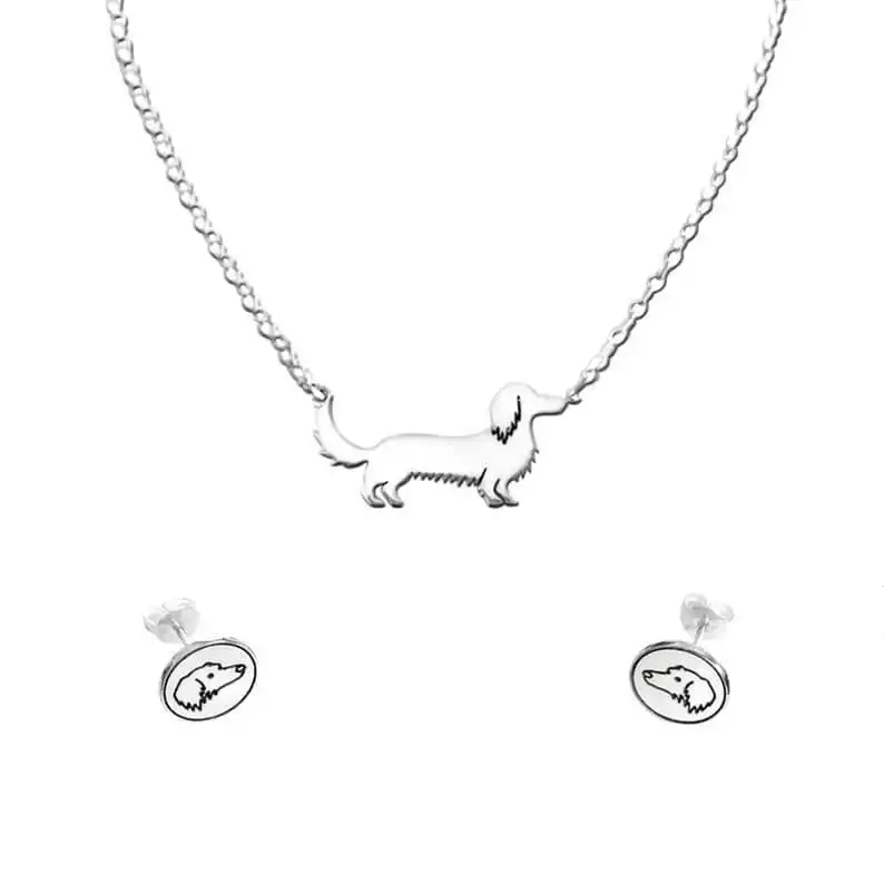 A Long Haired Dachshund Earrings & Necklace Set