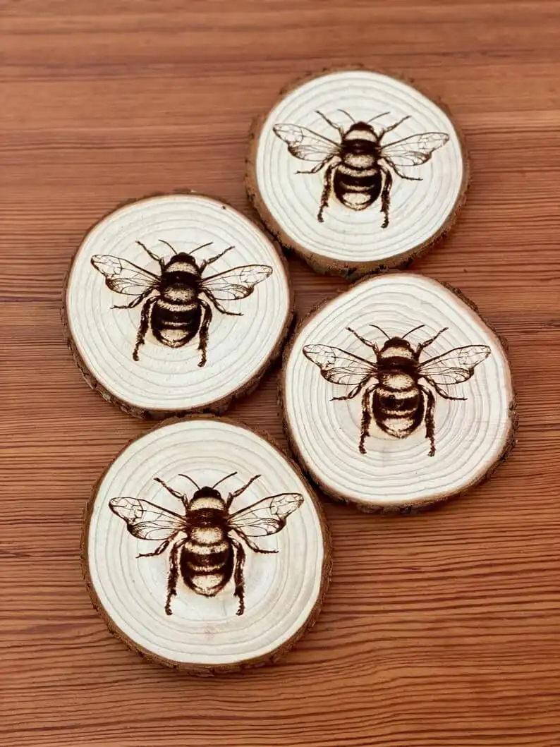 This Bee Engraved Wood Coaster Set